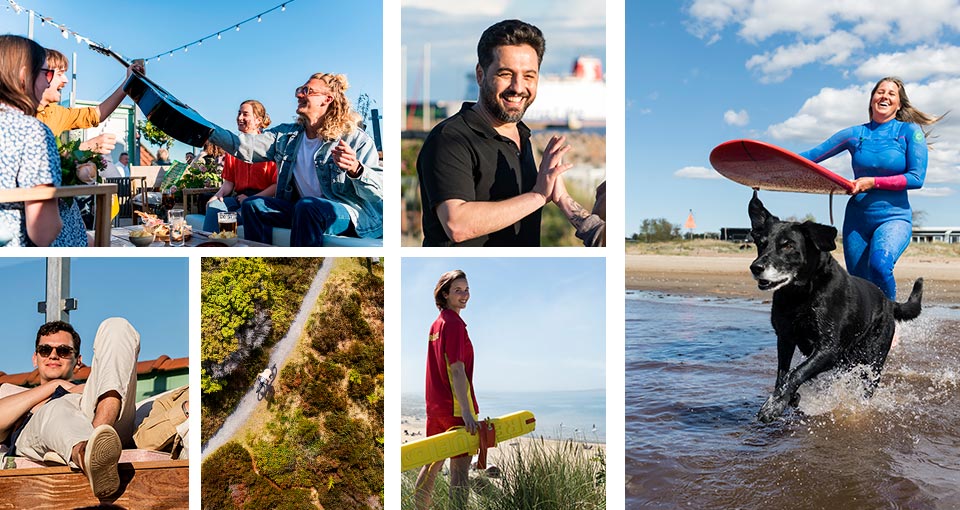 Blandade bilder på glada personer från sommarfotografering i Halmstad
